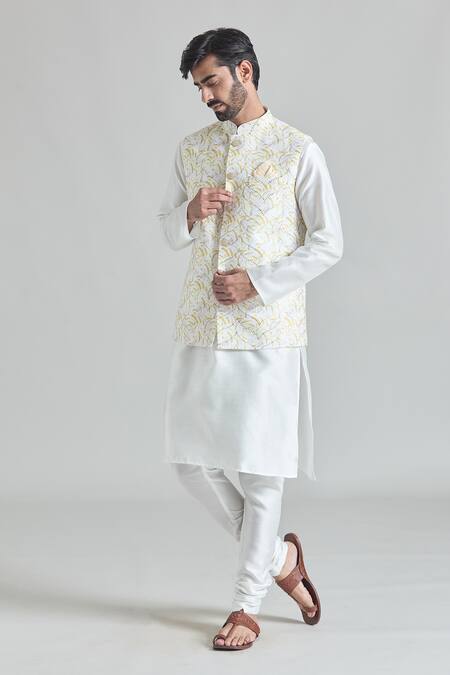 Arihant Rai Sinha_Yellow Silk, Chanderi Silk, Brocade Sequins Abstract Nehru Jacket Kurta Set _at_Aza_Fashions