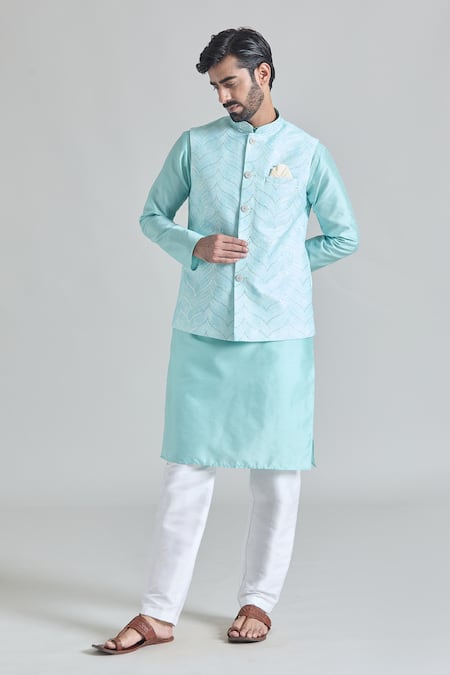 Aryavir Malhotra Green Banarasi Art Silk Embroidery Sequins Wave Nehru Jacket Kurta Set 