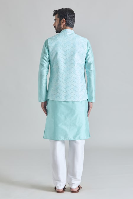 Shop_Arihant Rai Sinha_Green Silk, Chanderi Silk, Cotton Sequins, Embroidery Wave Nehru Jacket Set _at_Aza_Fashions
