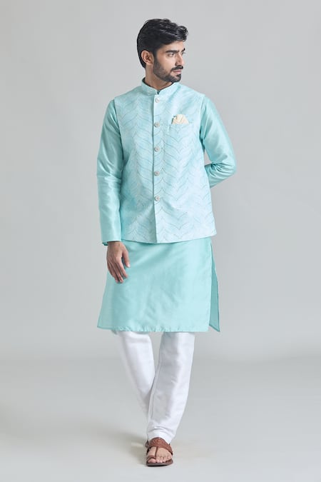 Shop_Arihant Rai Sinha_Green Silk, Chanderi Silk, Cotton Sequins, Embroidery Wave Nehru Jacket Set _Online_at_Aza_Fashions
