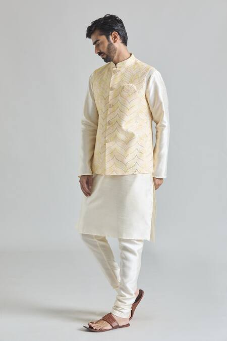 Shop_Arihant Rai Sinha_Yellow Brocade Sequins Nehru Jacket And Kurta Set _Online_at_Aza_Fashions