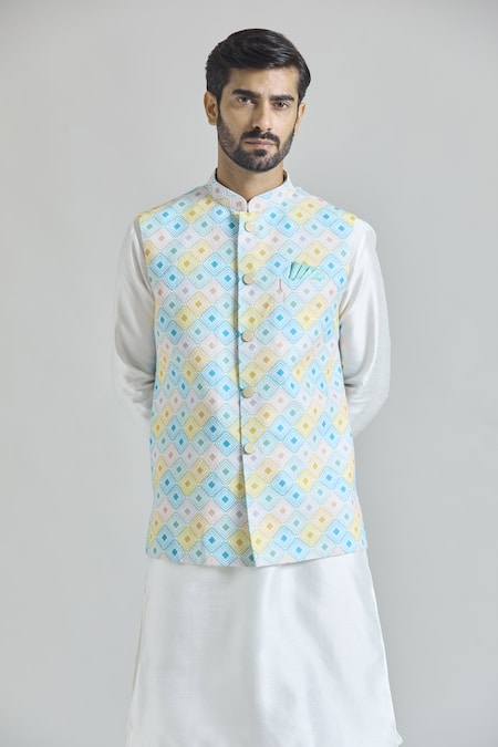 Buy_Arihant Rai Sinha_Multi Color Silk Geometric Tile Nehru Jacket _Online_at_Aza_Fashions
