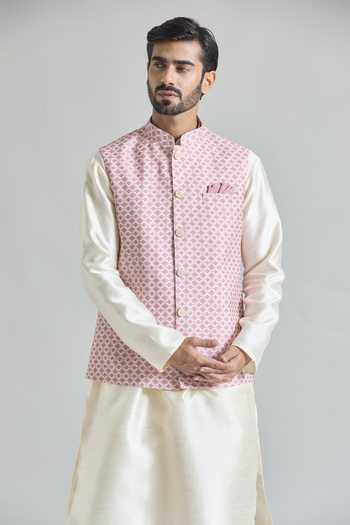 Shop Arihant Rai Sinha Pink Trellis Tile Print Nehru Jacket at Aza Fashions Shop_Arihant Rai Sinha_Pink Trellis Tile Print Nehru Jacket _at_Aza_Fashions