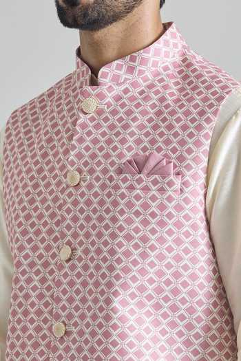 Shop Arihant Rai Sinha Pink Trellis Tile Print Nehru Jacket Online at Aza Fashions Shop_Arihant Rai Sinha_Pink Trellis Tile Print Nehru Jacket _Online_at_Aza_Fashions
