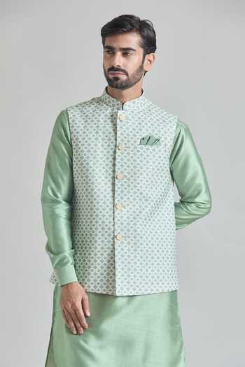 Arihant Rai Sinha_Green Satin Trellis Tile Print Nehru Jacket _Online_at_Aza_Fashions