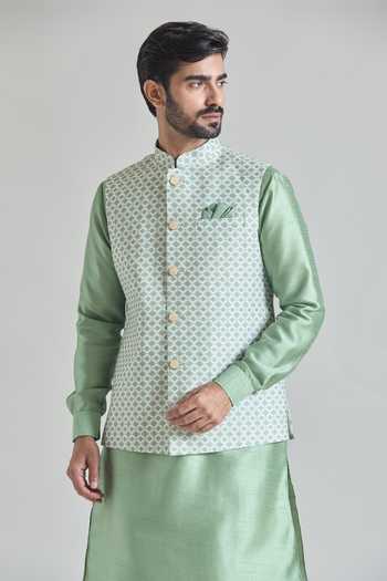 Buy_Arihant Rai Sinha_Green Satin Trellis Tile Print Nehru Jacket _Online_at_Aza_Fashions