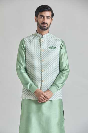 Shop_Arihant Rai Sinha_Green Satin Trellis Tile Print Nehru Jacket _Online_at_Aza_Fashions