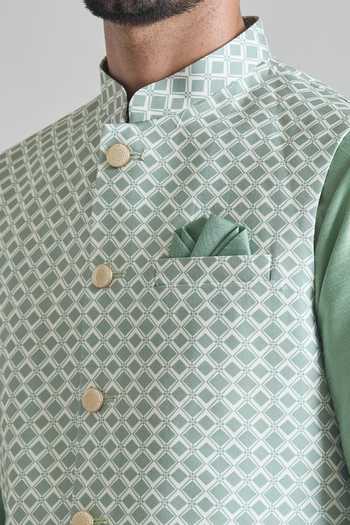 Arihant Rai Sinha_Green Satin Trellis Tile Print Nehru Jacket _at_Aza_Fashions