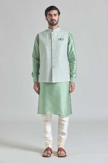 Buy_Arihant Rai Sinha_Green Satin Trellis Tile Print Nehru Jacket 