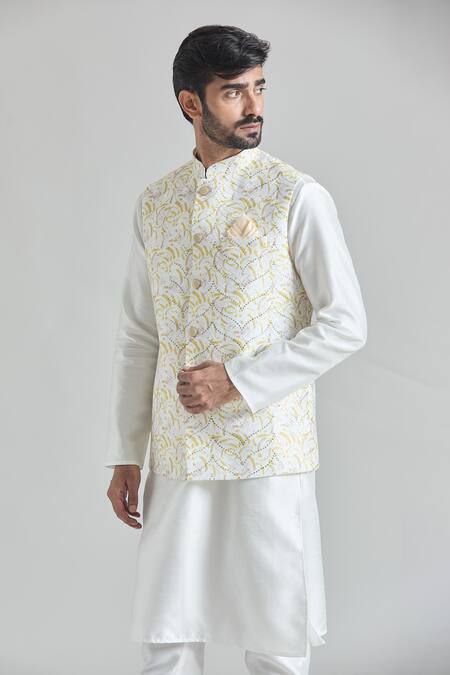 Shop_Arihant Rai Sinha_Yellow Sequins Abstract Nehru Jacket _Online_at_Aza_Fashions