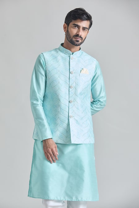 Arihant Rai Sinha Green Silk Sequins, Embroidery Wave Nehru Jacket