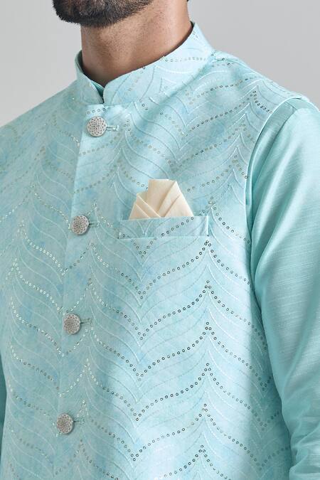 Shop Arihant Rai Sinha Green Silk Sequins, Embroidery Wave Nehru Jacket Online at Aza Fashions Shop_Arihant Rai Sinha_Green Silk Sequins, Embroidery Wave Nehru Jacket _Online_at_Aza_Fashions