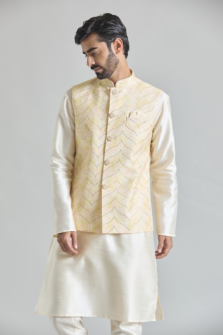 Arihant Rai Sinha_Yellow Sequins, Embroidery Wave Nehru Jacket _Online_at_Aza_Fashions