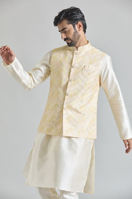 Buy_Arihant Rai Sinha_Yellow Sequins, Embroidery Wave Nehru Jacket _Online_at_Aza_Fashions