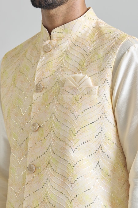 Shop_Arihant Rai Sinha_Yellow Sequins, Embroidery Wave Nehru Jacket _Online_at_Aza_Fashions