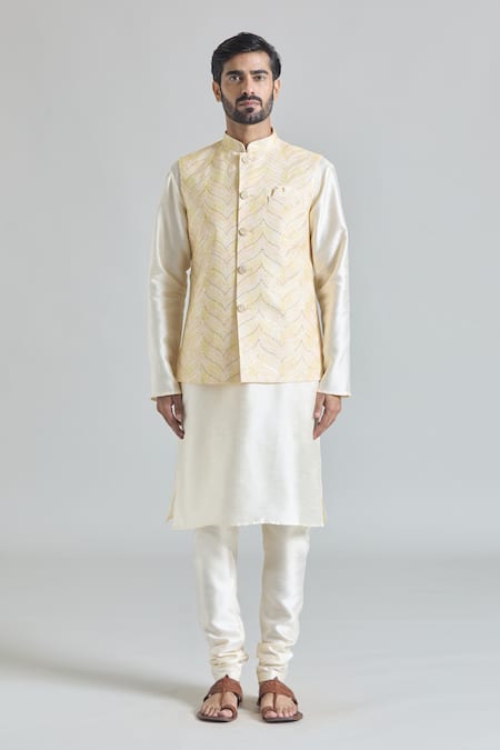Arihant Rai Sinha_Yellow Sequins, Embroidery Wave Nehru Jacket _at_Aza_Fashions