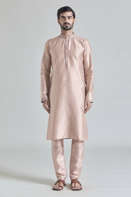 Arihant Rai Sinha Beige Brocade, Silk Embroidery Threadwork Placket Kurta Set With Stole Online at Aza Fashions Arihant Rai Sinha_Beige Brocade, Silk Embroidery Threadwork Placket Kurta Set With Stole _Online_at_Aza_Fashions