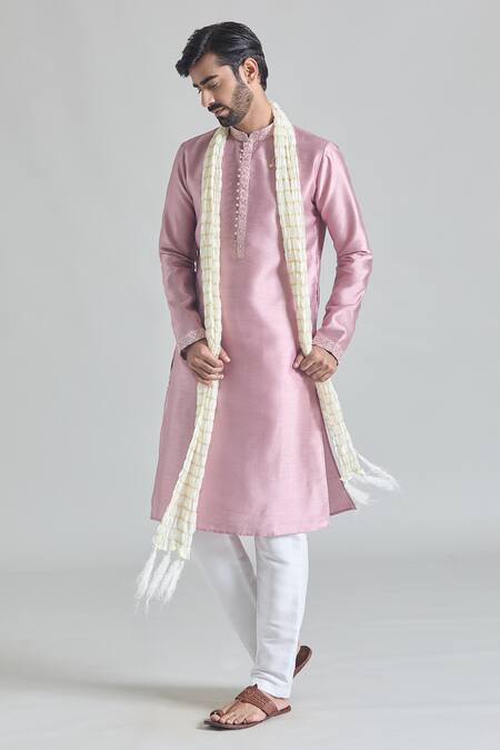 Shop Arihant Rai Sinha Pink Brocade, Silk Embroidery Threadwork Placket Kurta Aligadhi Pant Set at Aza Fashions Shop_Arihant Rai Sinha_Pink Brocade, Silk Embroidery Threadwork Placket Kurta Aligadhi Pant Set _at_Aza_Fashions