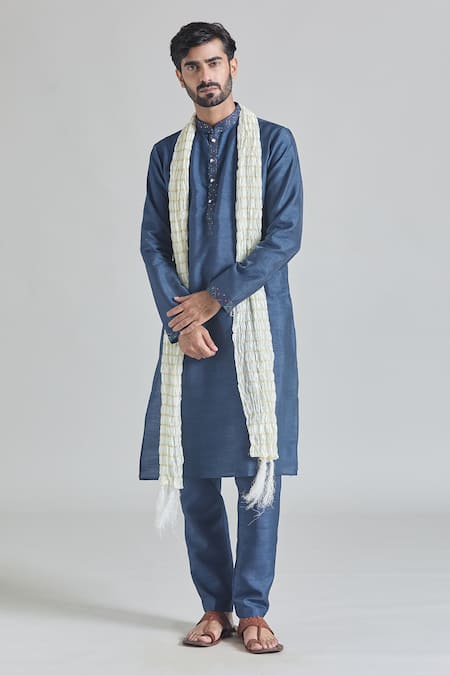 Buy Arihant Rai Sinha Blue Brocade, Silk Embroidery Geometric Placket Kurta Aligadhi Pant Set Online at Aza Fashions Buy_Arihant Rai Sinha_Blue Brocade, Silk Embroidery Geometric Placket Kurta Aligadhi Pant Set _Online_at_Aza_Fashions
