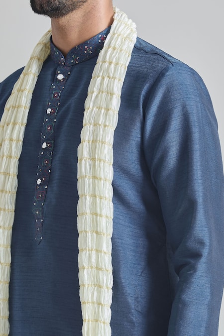 Shop Arihant Rai Sinha Blue Brocade, Silk Embroidery Geometric Placket Kurta Aligadhi Pant Set Online at Aza Fashions Shop_Arihant Rai Sinha_Blue Brocade, Silk Embroidery Geometric Placket Kurta Aligadhi Pant Set _Online_at_Aza_Fashions