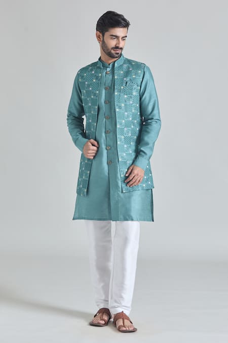 Arihant Rai Sinha Green Silk Embroidery Geometric Thread Bundi Kurta Set