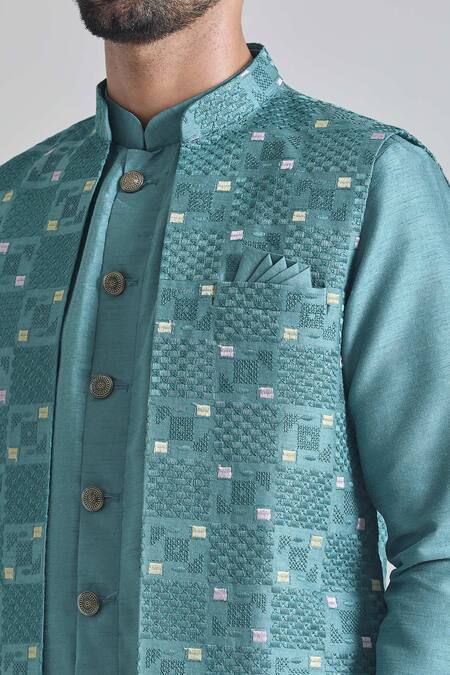 Buy Arihant Rai Sinha Green Silk Embroidery Geometric Thread Bundi Kurta Set Online at Aza Fashions Buy_Arihant Rai Sinha_Green Silk Embroidery Geometric Thread Bundi Kurta Set _Online_at_Aza_Fashions
