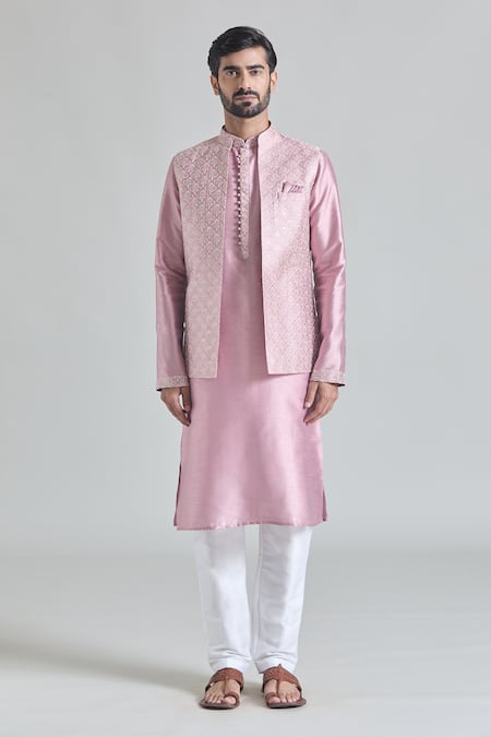 Buy Arihant Rai Sinha Pink Brocade, Silk Embroidery Floral Bundi Kurta Set Online at Aza Fashions Buy_Arihant Rai Sinha_Pink Brocade, Silk Embroidery Floral Bundi Kurta Set _Online_at_Aza_Fashions