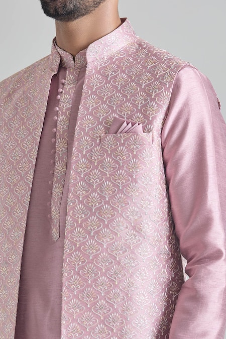Shop Arihant Rai Sinha Pink Brocade, Silk Embroidery Floral Bundi Kurta Set Online at Aza Fashions Shop_Arihant Rai Sinha_Pink Brocade, Silk Embroidery Floral Bundi Kurta Set _Online_at_Aza_Fashions