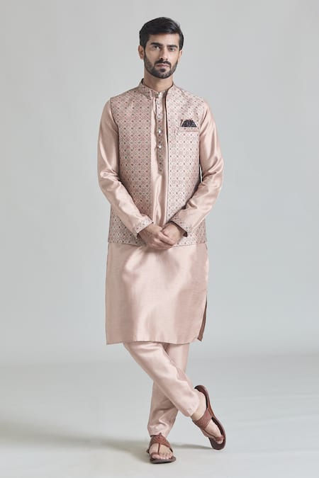 Aryavir Malhotra Geometric Jaal Embroidered Bundi Kurta Set 