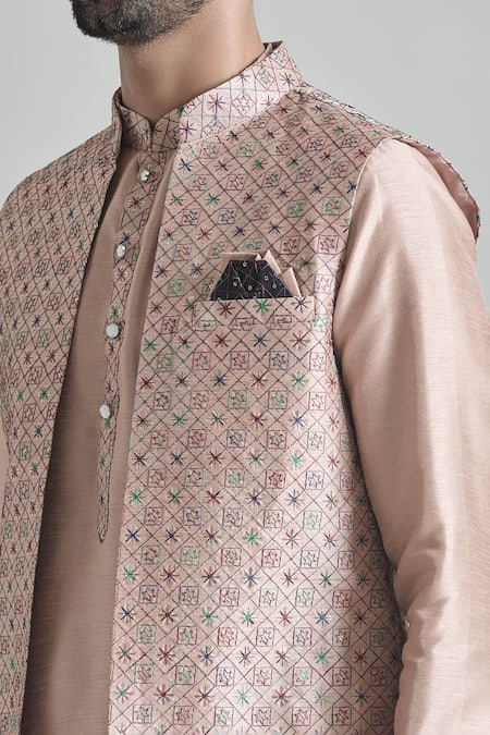 Buy_Arihant Rai Sinha_Beige Silk Embroidery Geometric Jaal Bundi Set _Online_at_Aza_Fashions
