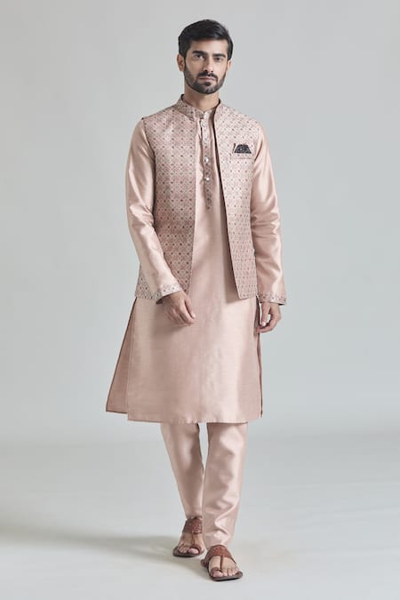 Shop_Arihant Rai Sinha_Beige Silk Embroidery Geometric Jaal Bundi Set _Online_at_Aza_Fashions