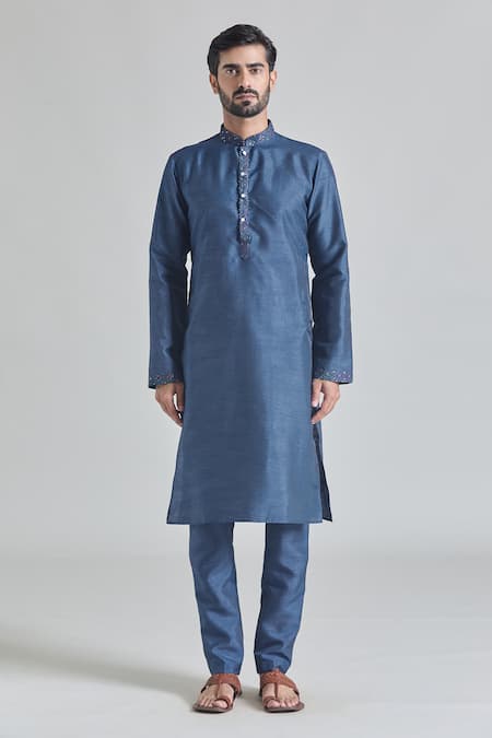 Buy Arihant Rai Sinha Blue Brocade, Silk Embroidery Geometric Bundi Kurta Set Online at Aza Fashions Buy_Arihant Rai Sinha_Blue Brocade, Silk Embroidery Geometric Bundi Kurta Set _Online_at_Aza_Fashions