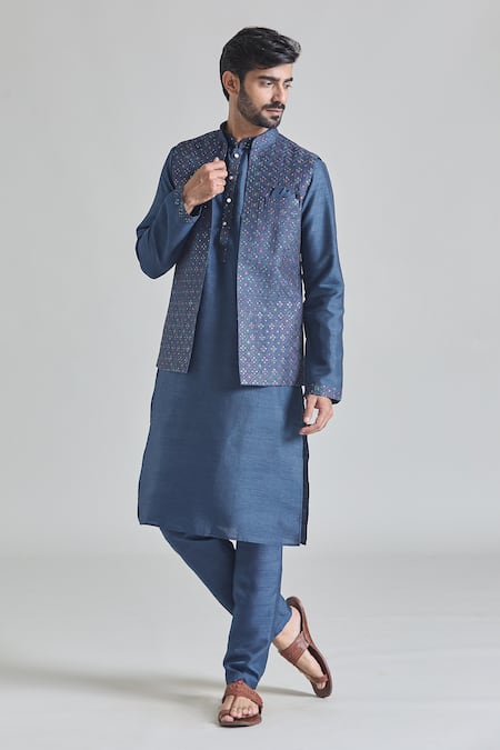 Shop Arihant Rai Sinha Blue Brocade, Silk Embroidery Geometric Bundi Kurta Set Online at Aza Fashions Shop_Arihant Rai Sinha_Blue Brocade, Silk Embroidery Geometric Bundi Kurta Set _Online_at_Aza_Fashions