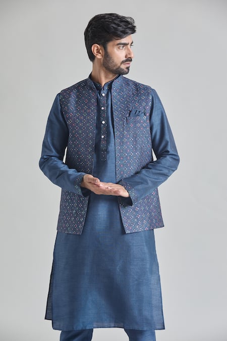 Arihant Rai Sinha Blue Brocade, Silk Embroidery Geometric Bundi Kurta Set at Aza Fashions Arihant Rai Sinha_Blue Brocade, Silk Embroidery Geometric Bundi Kurta Set _at_Aza_Fashions