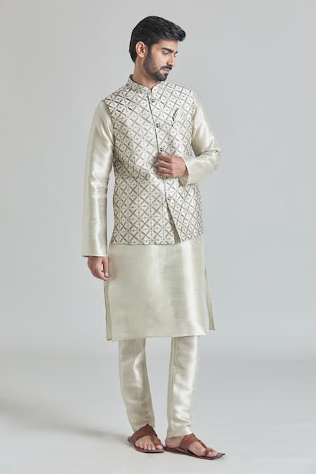 Buy_Arihant Rai Sinha_Green Silk, Faux Leather, Brocade Embroidery Floral Jaal Bundi Set _Online_at_Aza_Fashions