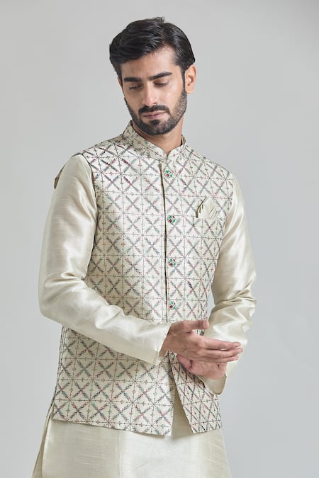 Shop_Arihant Rai Sinha_Green Silk, Faux Leather, Brocade Embroidery Floral Jaal Bundi Set _Online_at_Aza_Fashions