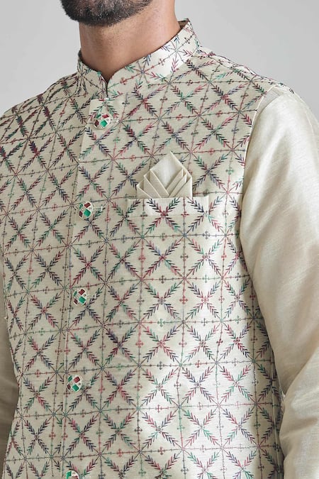 Arihant Rai Sinha_Green Silk, Faux Leather, Brocade Embroidery Floral Jaal Bundi Set _at_Aza_Fashions