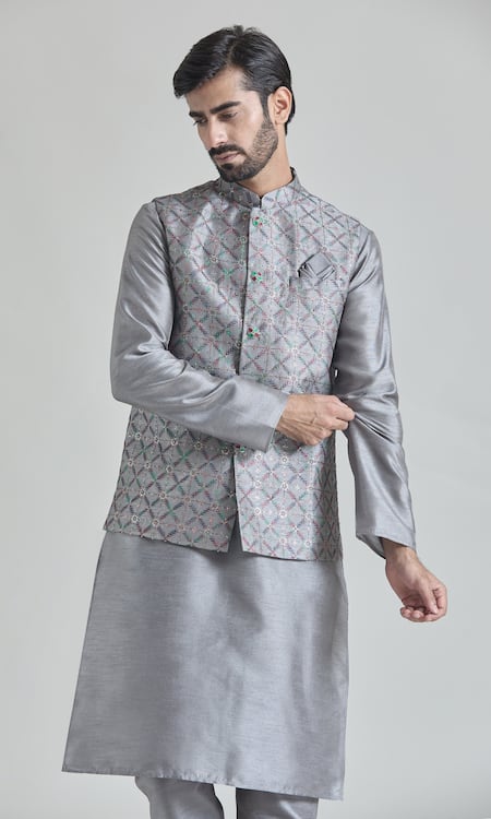 Arihant Rai Sinha_Gray Brocade, Silk Embroidery Floral Jaal Bundi Kurta Set _Online_at_Aza_Fashions
