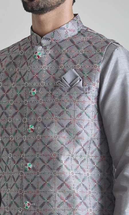 Buy_Arihant Rai Sinha_Gray Brocade, Silk Embroidery Floral Jaal Bundi Kurta Set _Online_at_Aza_Fashions