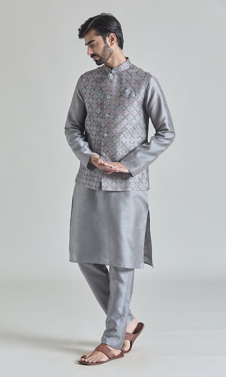 Shop_Arihant Rai Sinha_Gray Brocade, Silk Embroidery Floral Jaal Bundi Kurta Set _Online_at_Aza_Fashions