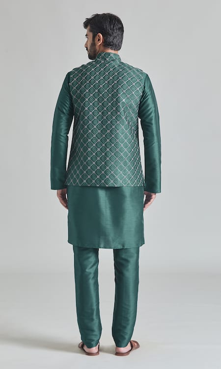 Shop_Arihant Rai Sinha_Green Silk Embroidery Floral Jaali Thread Bundi Set _at_Aza_Fashions