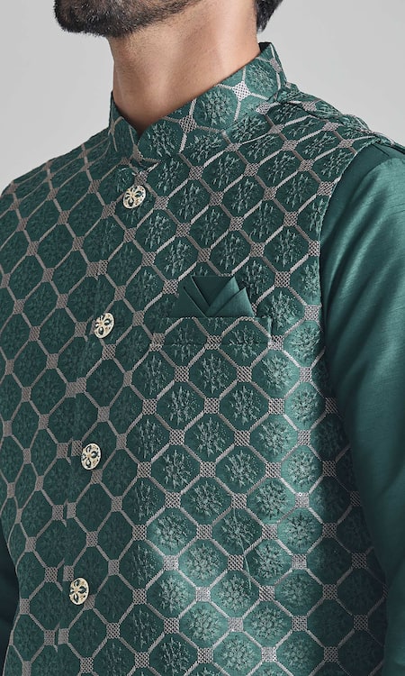 Buy_Arihant Rai Sinha_Green Silk Embroidery Floral Jaali Thread Bundi Set _Online_at_Aza_Fashions
