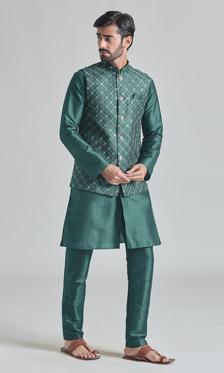 Shop_Arihant Rai Sinha_Green Silk Embroidery Floral Jaali Thread Bundi Set _Online_at_Aza_Fashions