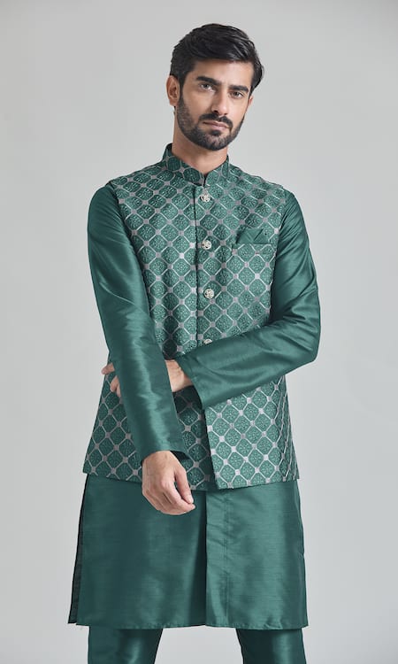 Arihant Rai Sinha_Green Silk Embroidery Floral Jaali Thread Bundi Set _at_Aza_Fashions