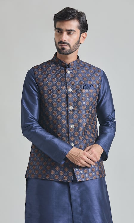 Buy Arihant Rai Sinha Blue Silk Embroidery Floral Jaali Bundi Set Online at Aza Fashions Buy_Arihant Rai Sinha_Blue Silk Embroidery Floral Jaali Bundi Set _Online_at_Aza_Fashions