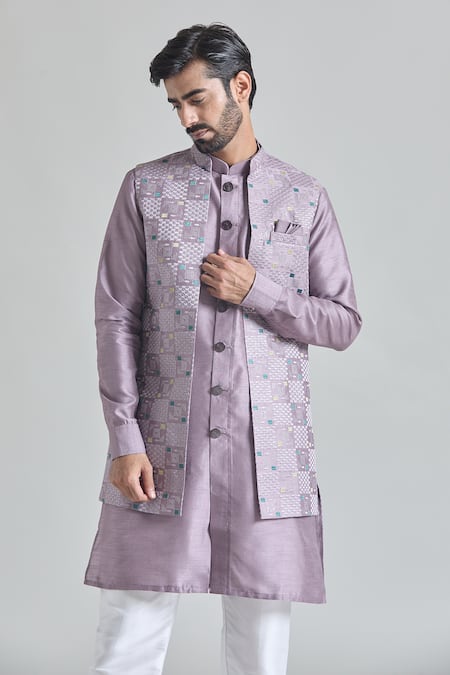 Arihant Rai Sinha Purple Silk Embroidery Geometric Bundi Online at Aza Fashions Arihant Rai Sinha_Purple Silk Embroidery Geometric Bundi _Online_at_Aza_Fashions