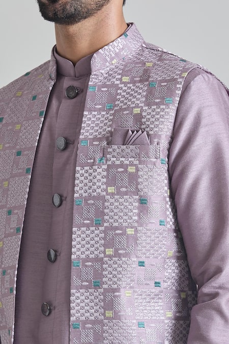 Arihant Rai Sinha Purple Silk Embroidery Geometric Bundi at Aza Fashions Arihant Rai Sinha_Purple Silk Embroidery Geometric Bundi _at_Aza_Fashions