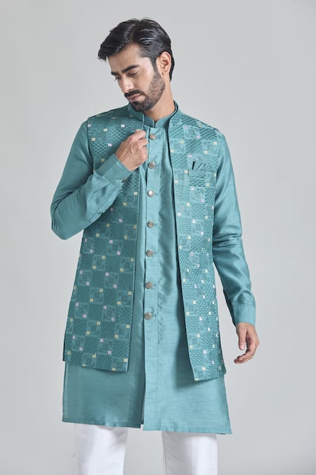 Arihant Rai Sinha Green Silk Embroidery Geometric Thread Bundi