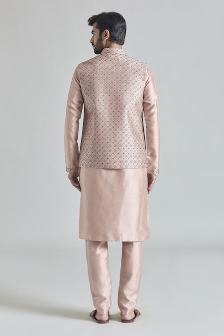 Shop Arihant Rai Sinha Beige Silk Embroidery Geometric Jaal Bundi at Aza Fashions Shop_Arihant Rai Sinha_Beige Silk Embroidery Geometric Jaal Bundi _at_Aza_Fashions