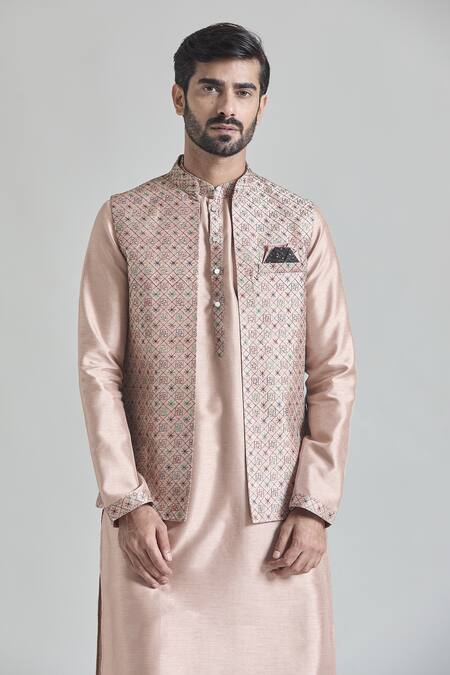 Arihant Rai Sinha Beige Silk Embroidery Geometric Jaal Bundi Online at Aza Fashions Arihant Rai Sinha_Beige Silk Embroidery Geometric Jaal Bundi _Online_at_Aza_Fashions